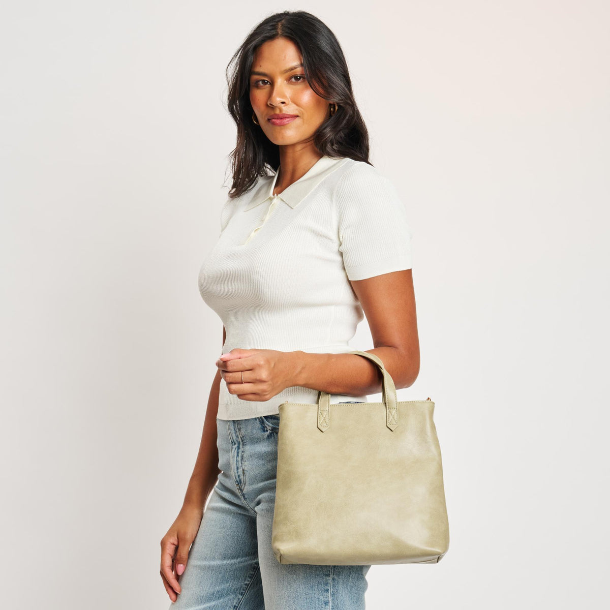 Woman wearing Sage Moda Luxe Selena Mini Tote 842017126836 View 2 | Sage