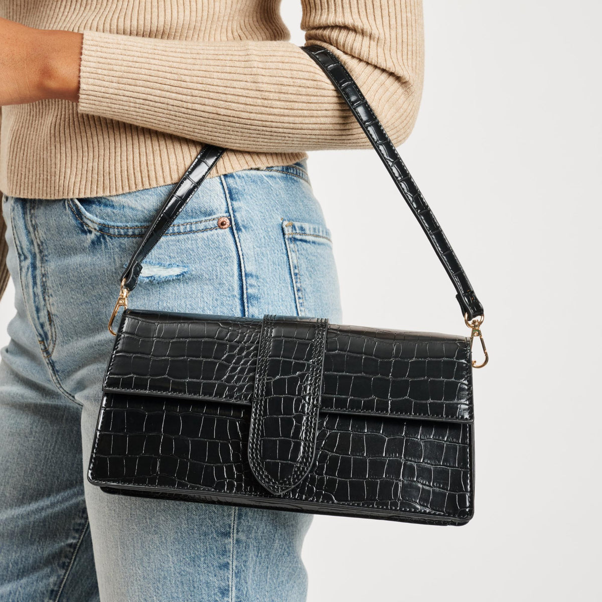 Woman wearing Black Moda Luxe Violet - Croco Crossbody 842017140061 View 1 | Black