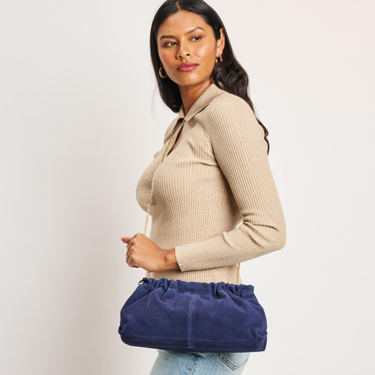 Woman wearing Navy Moda Luxe Penelope Shoulder Bag 842017139157 View 3 | Navy