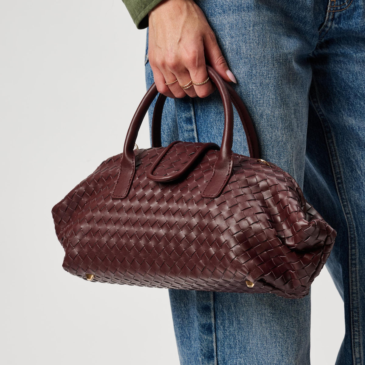 Woman wearing Burgundy Moda Luxe Brookhaven Satchel 842017142775 View 2 | Burgundy