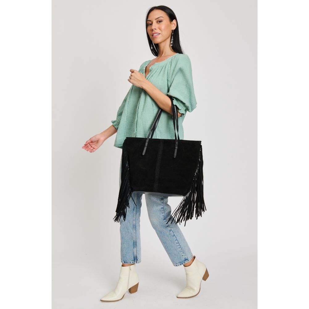 Woman wearing Black Sol and Selene Stevie Tote 842017133179 View 1 | Black