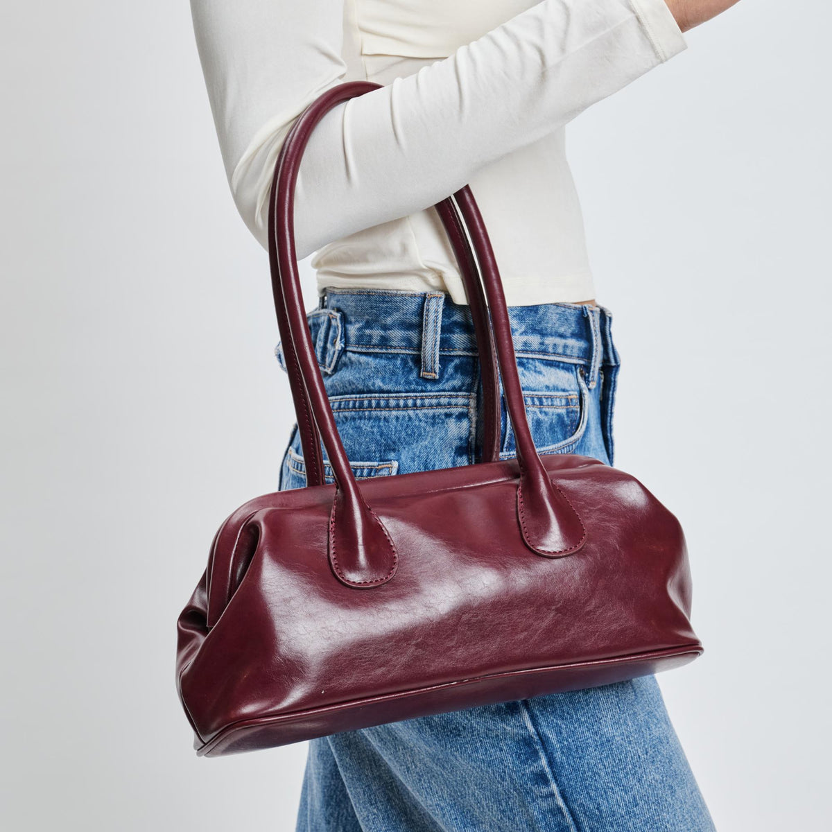 Woman wearing Wine Sol and Selene Nina Shoulder Bag 842017139584 View 4 | Wine