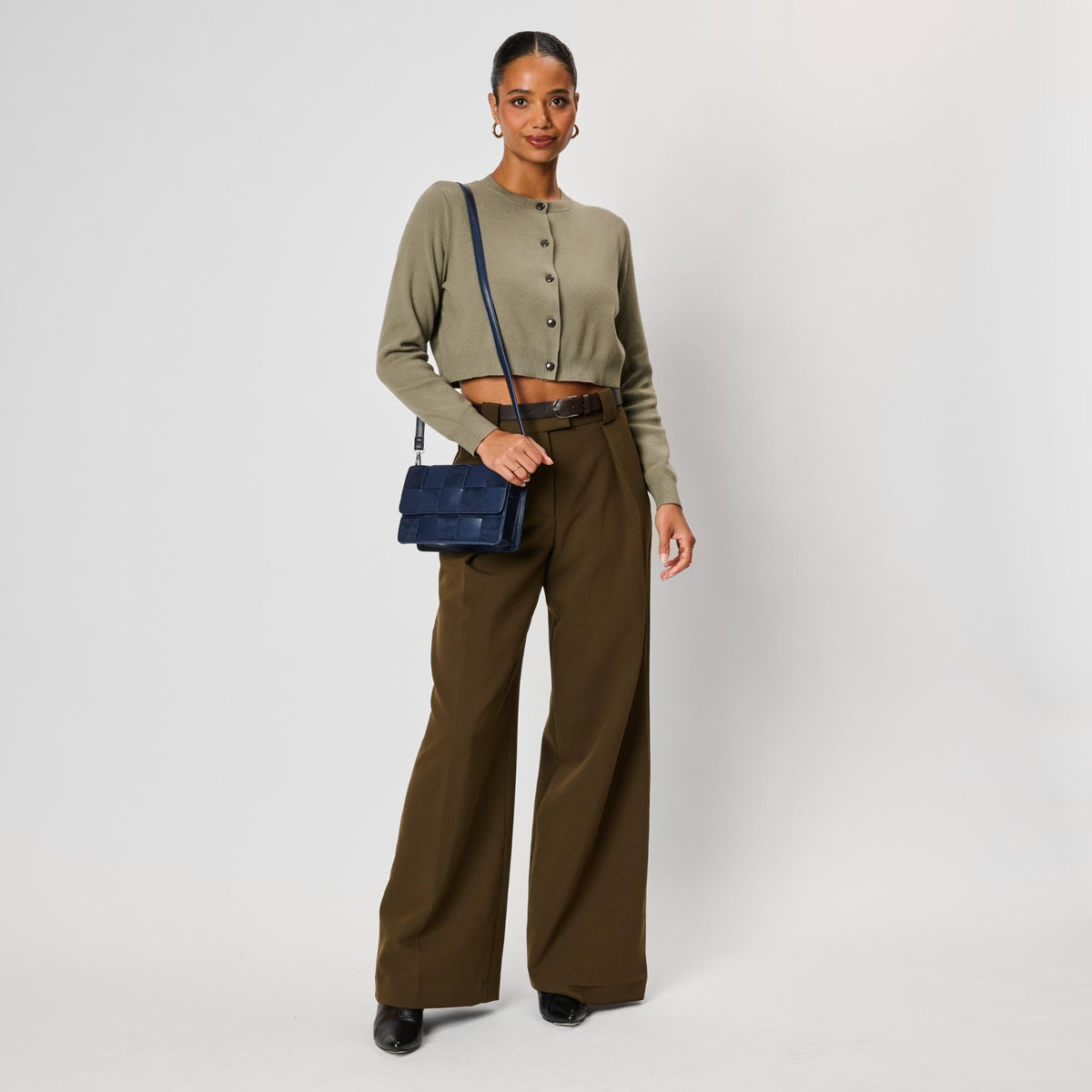 Woman wearing Navy Moda Luxe Tanya Crossbody 842017142935 View 4 | Navy