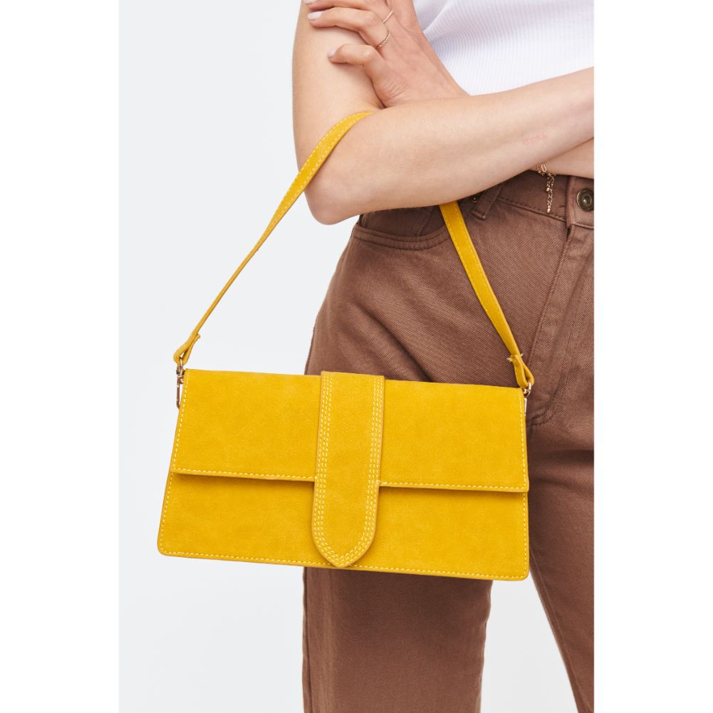Woman wearing Yellow Moda Luxe Violet - Suede Crossbody 842017130758 View 4 | Yellow
