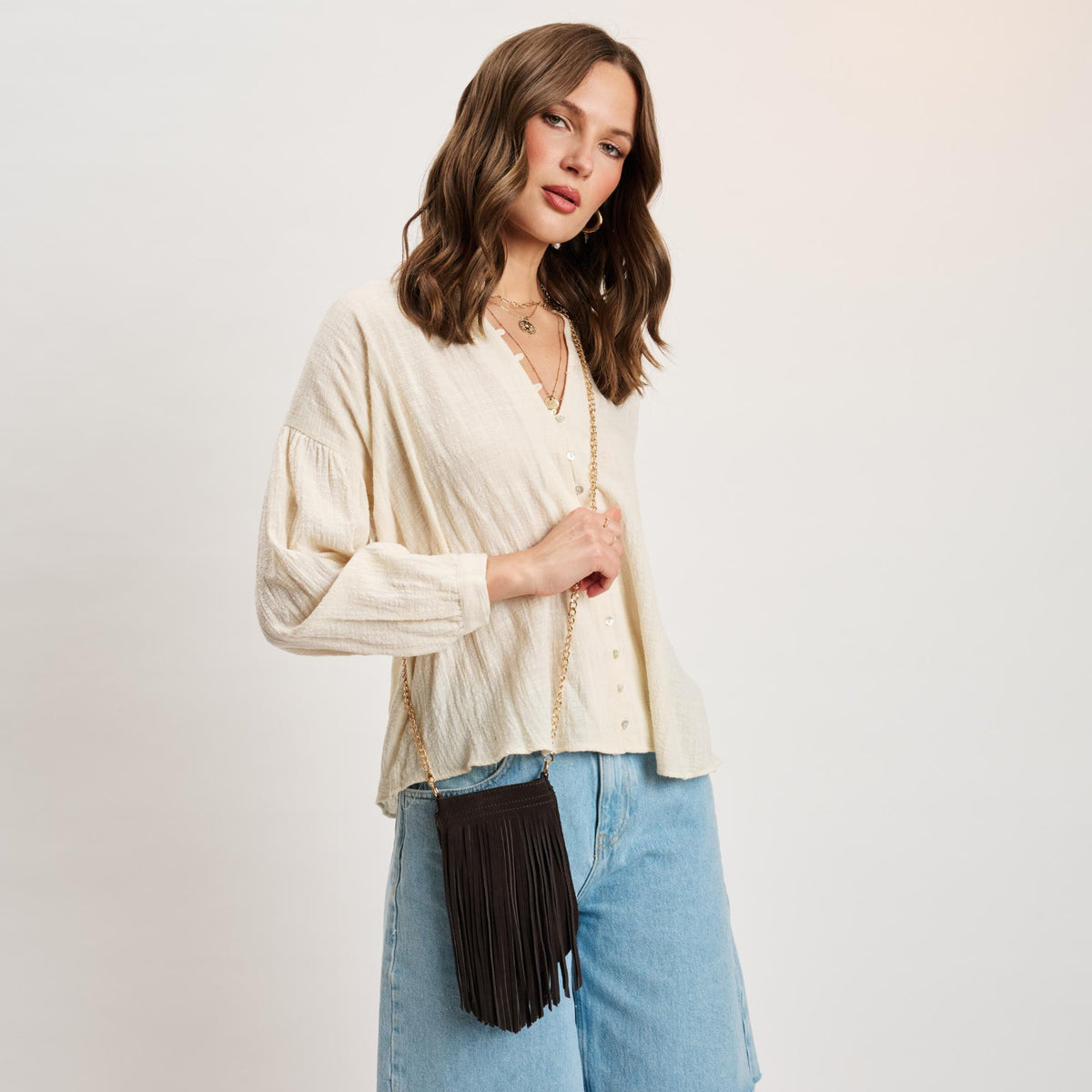 Woman wearing Chocolate Moda Luxe River Evening Bag 842017140504 View 1 | Chocolate