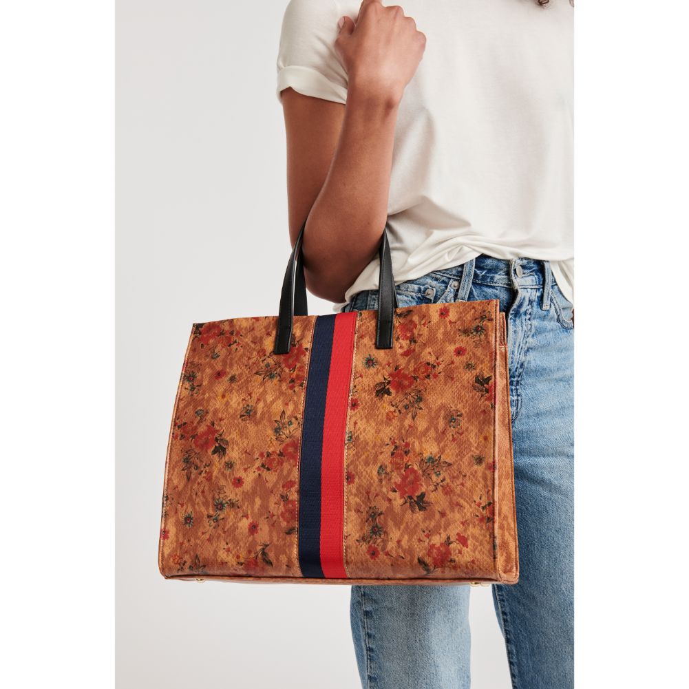 Woman wearing Tan Moda Luxe Julian Print Tote 842017118527 View 2 | Tan
