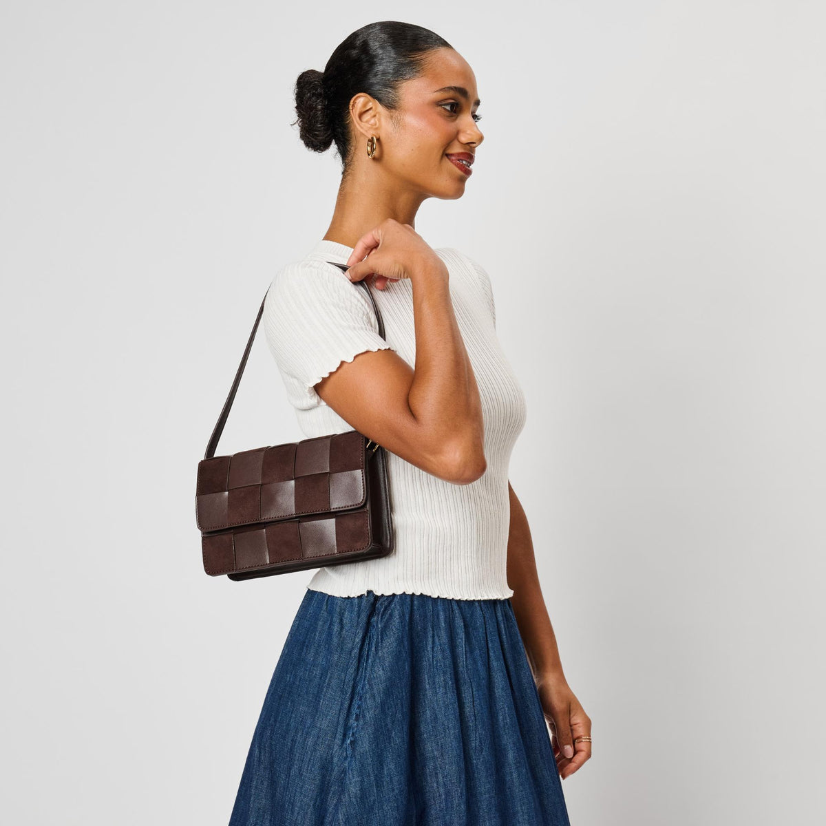 Woman wearing Chocolate Moda Luxe Tanya Crossbody 842017142904 View 3 | Chocolate