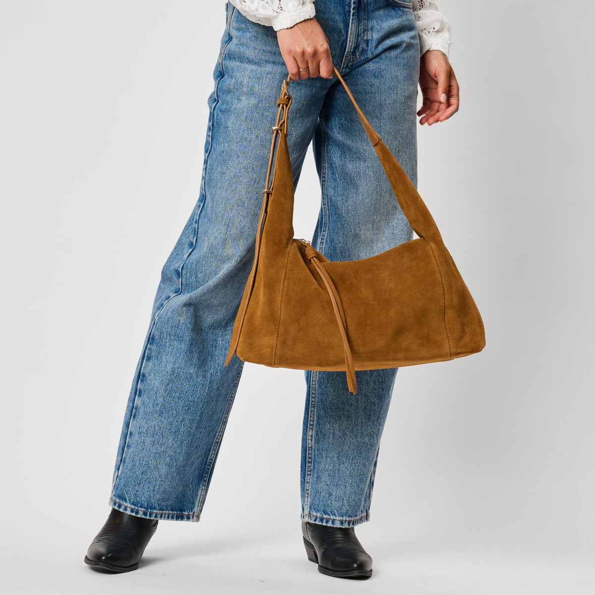 Woman wearing Caramel Moda Luxe Kelsea Satchel 842017142409 View 3 | Caramel