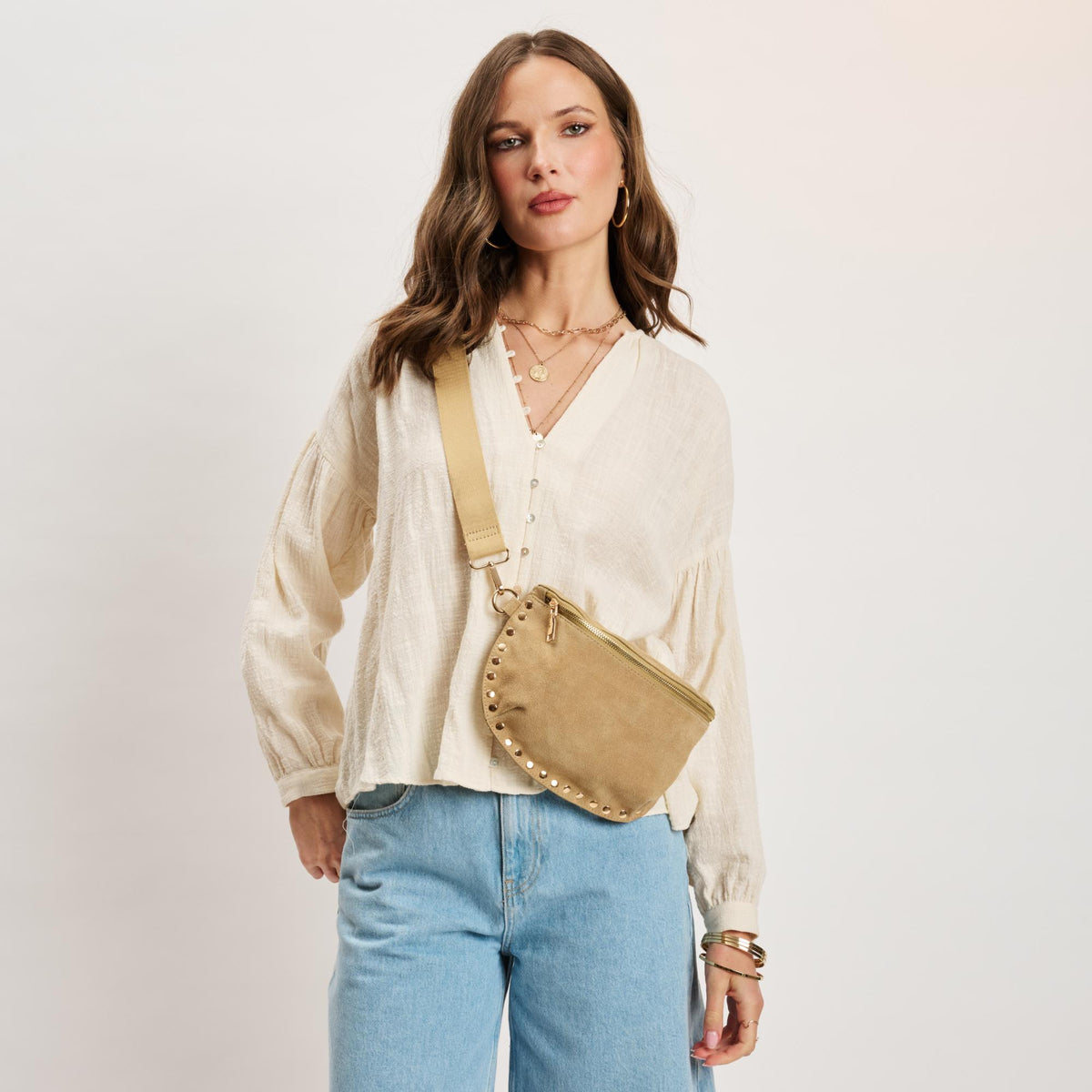 Woman wearing Custard Moda Luxe Gizelle-Suede Belt Bag 842017141471 View 1 | Custard