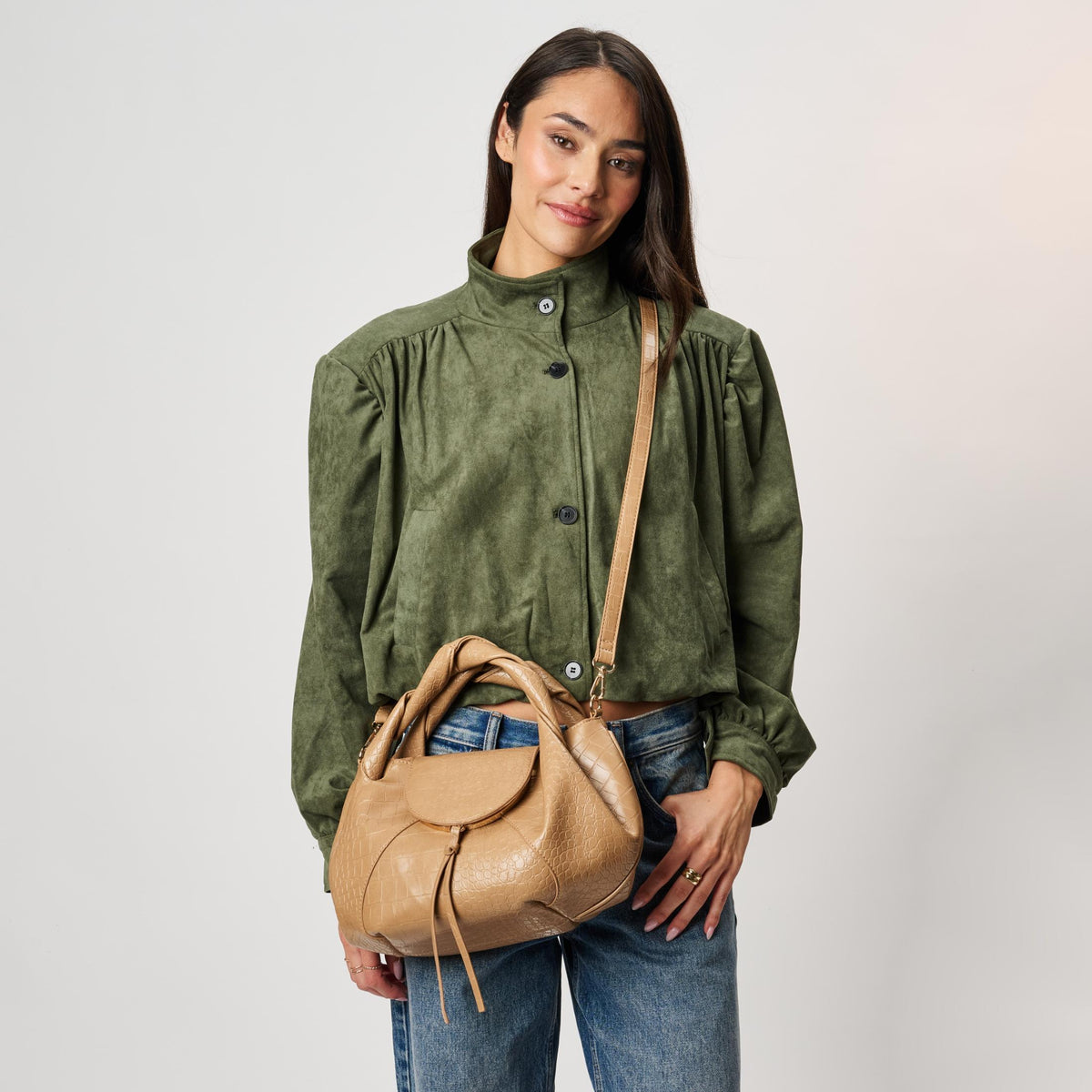 Woman wearing Natural Moda Luxe Amaya Satchel 842017142577 View 2 | Natural