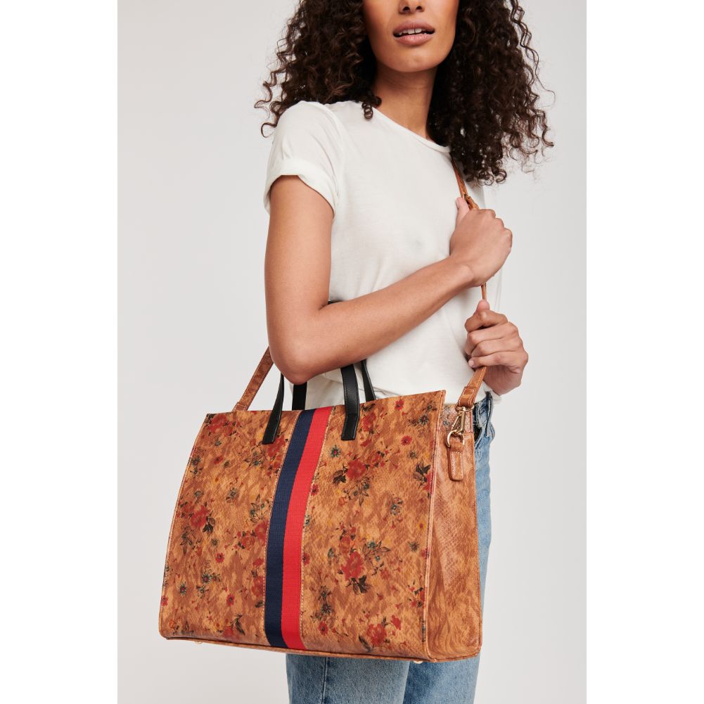 Woman wearing Tan Moda Luxe Julian Print Tote 842017118527 View 1 | Tan