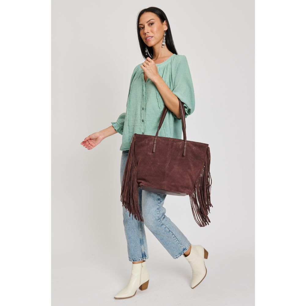 Woman wearing Chocolate Sol and Selene Stevie Tote 842017133186 View 1 | Chocolate