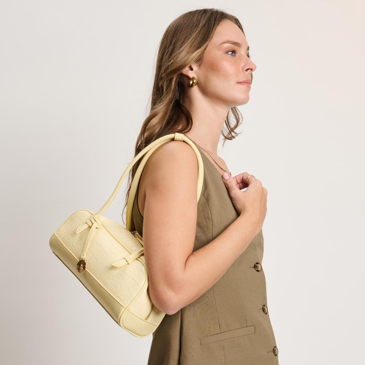 Woman wearing Butter Moda Luxe Paloma - Croco Shoulder Bag 842017140429 View 3 | Butter