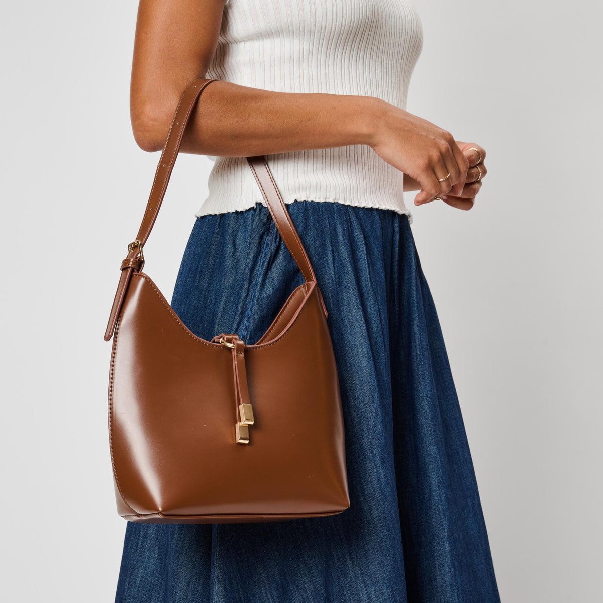 Woman wearing Chocolate Moda Luxe Blair Shoulder Bag 842017143246 View 1 | Chocolate