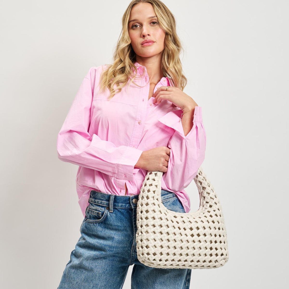 Woman wearing Oatmilk Sol and Selene Richelle Hobo 842017137528 View 2 | Oatmilk
