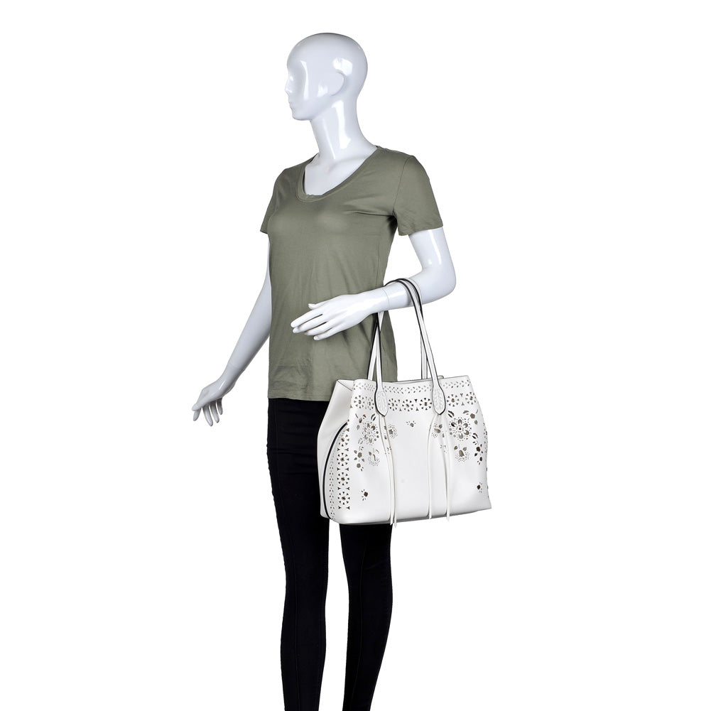 Woman wearing White Moda Luxe Canal Tote 842017113959 View 1 | White