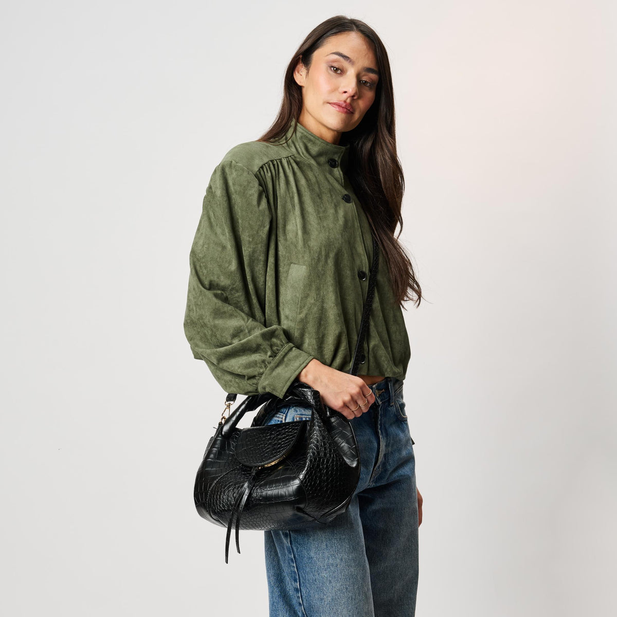 Woman wearing Black Moda Luxe Amaya Satchel 842017142546 View 1 | Black
