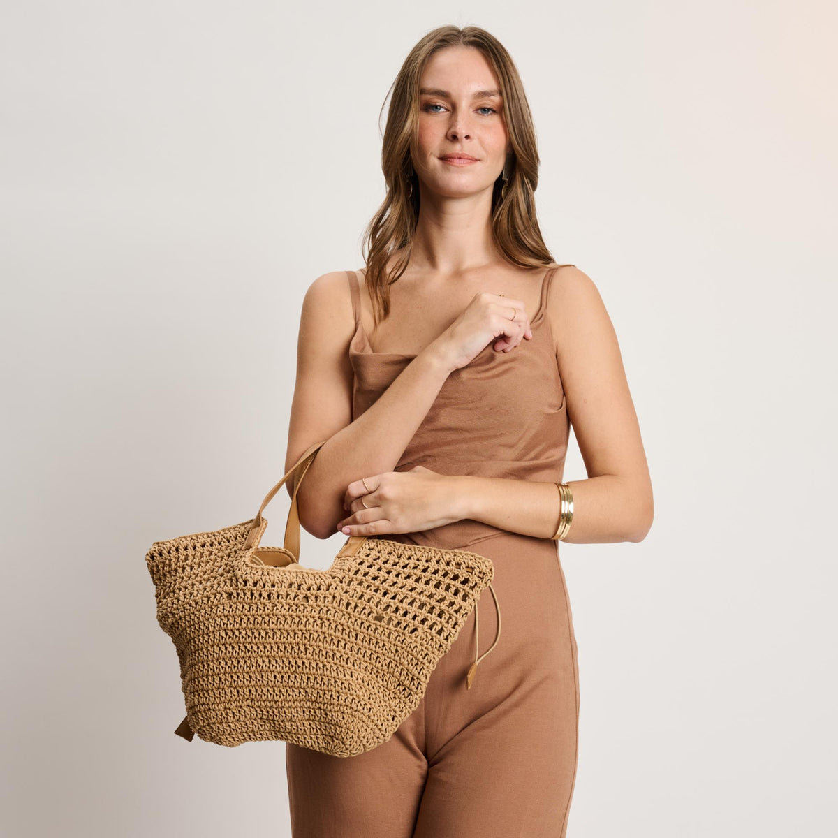 Woman wearing Natural Moda Luxe Sofia Tote 842017141006 View 4 | Natural