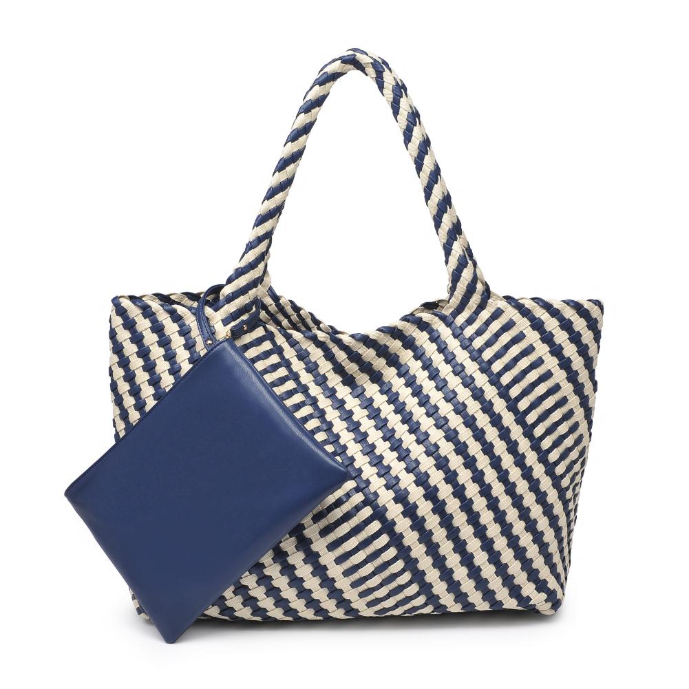 Woman wearing Navy Ivory Moda Luxe Solana - Mixed Material Tote 842017135791 View 5 | Navy Ivory