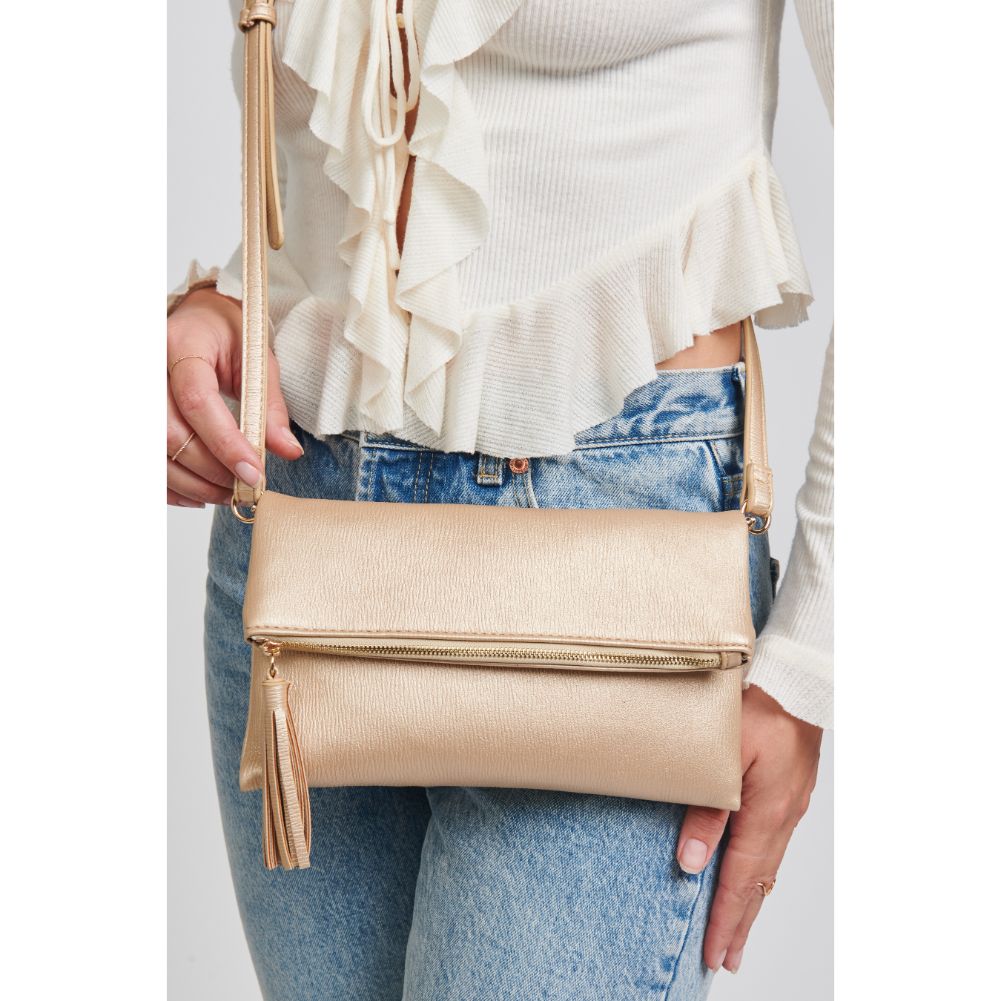 Woman wearing Gold Moda Luxe Kingsley Crossbody 842017121428 View 4 | Gold