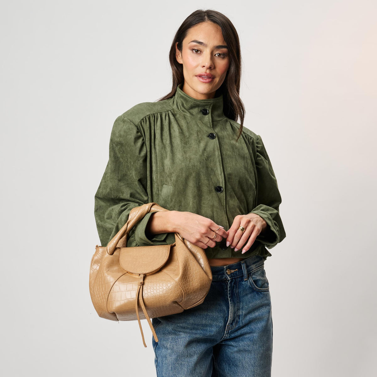 Woman wearing Natural Moda Luxe Amaya Satchel 842017142577 View 1 | Natural