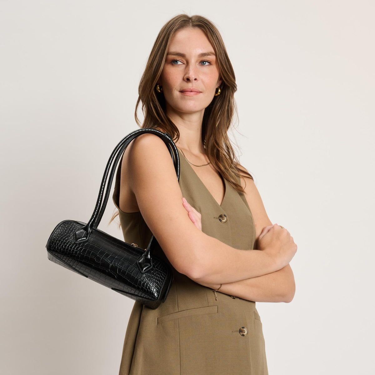 Woman wearing Black Moda Luxe Lola Shoulder Bag 842017139225 View 2 | Black