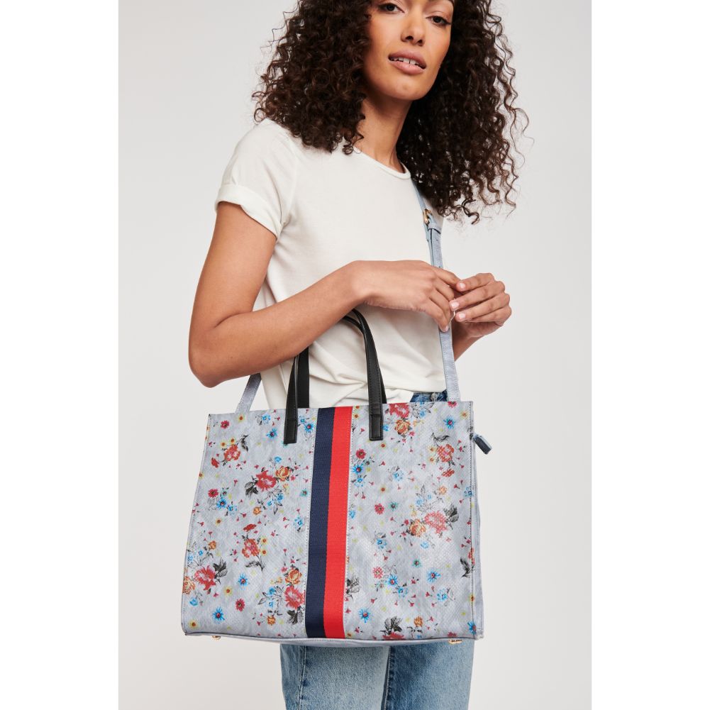 Woman wearing Blue Moda Luxe Julian Print Tote 842017118541 View 1 | Blue