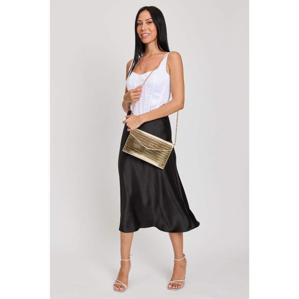Woman wearing Light Gold Sol and Selene Katniss Clutch 842017133766 View 4 | Light Gold