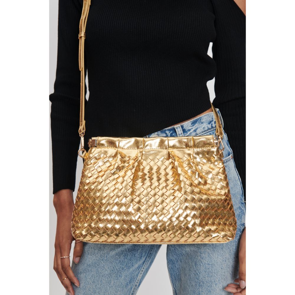 Woman wearing Gold Moda Luxe Katana Crossbody 842017132530 View 4 | Gold