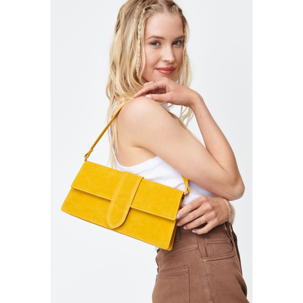 Woman wearing Yellow Moda Luxe Violet - Suede Crossbody 842017130758 View 1 | Yellow