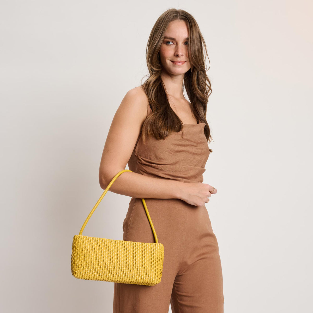 Woman wearing Mustard Moda Luxe Lucy Shoulder Bag 842017140375 View 3 | Mustard