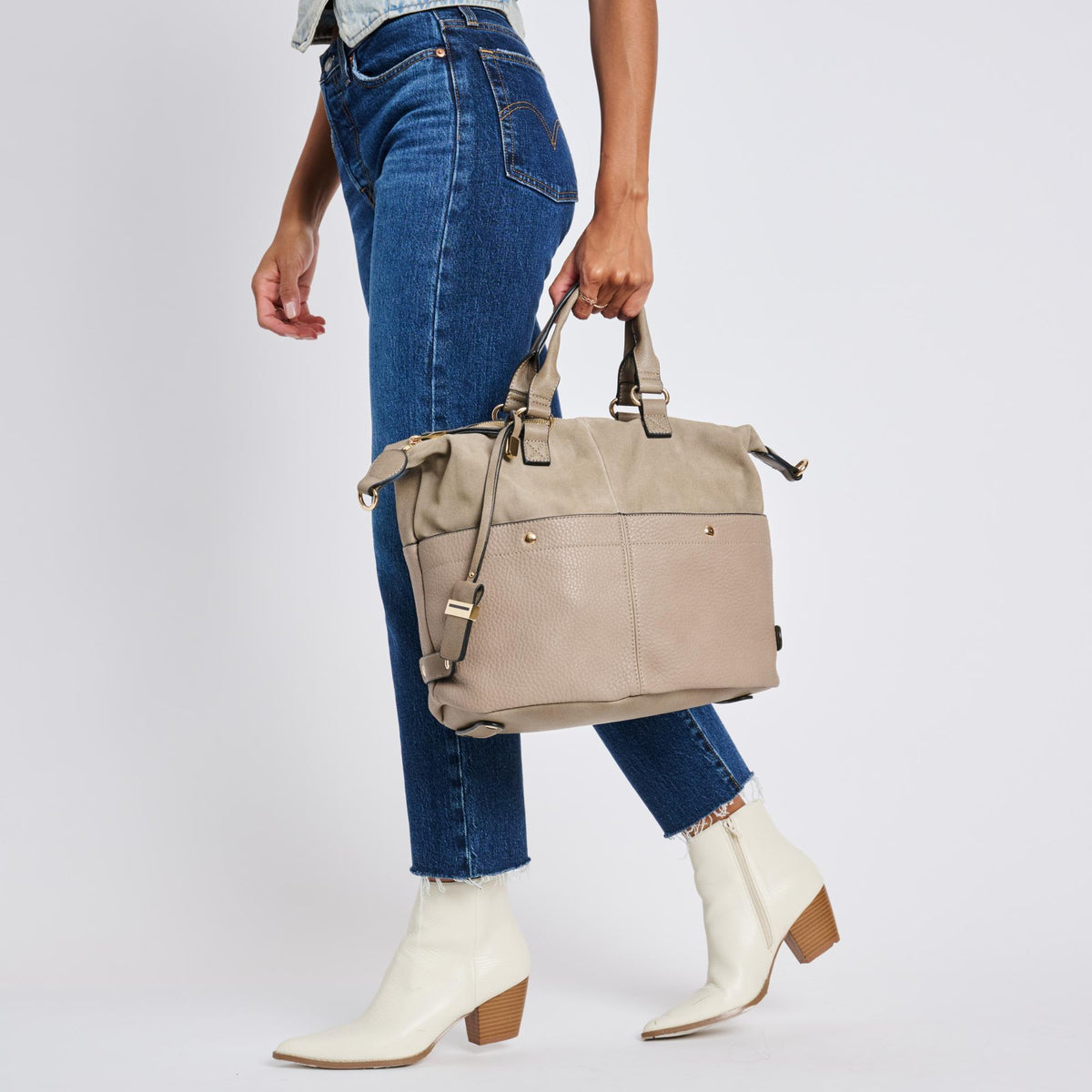 Woman wearing Mushroom Moda Luxe London Satchel 842017136231 View 2 | Mushroom