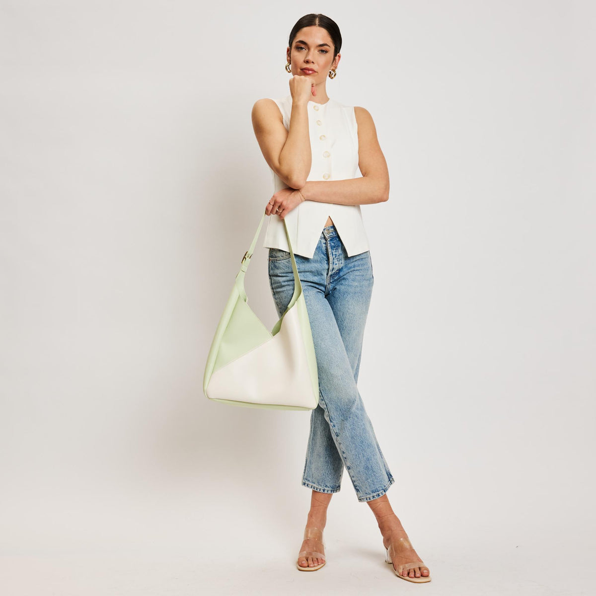 Woman wearing Ivory Pistachio Sol and Selene Frankie Hobo 842017138525 View 3 | Ivory Pistachio