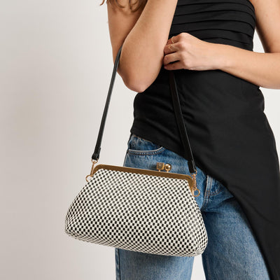 Woman wearing Black White Moda Luxe Bianca Clutch 842017141433 View 1 | Black White