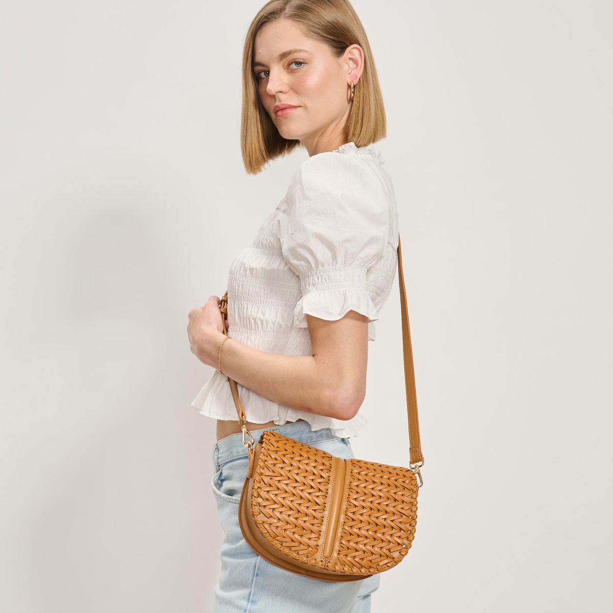 Woman wearing Tan Moda Luxe Cecillia Crossbody 842017137702 View 2 | Tan