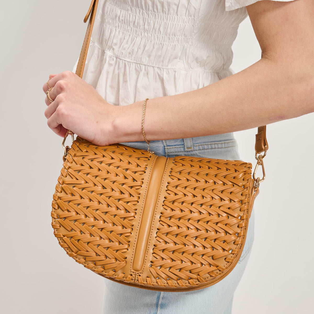 Woman wearing Tan Moda Luxe Cecillia Crossbody 842017137702 View 4 | Tan