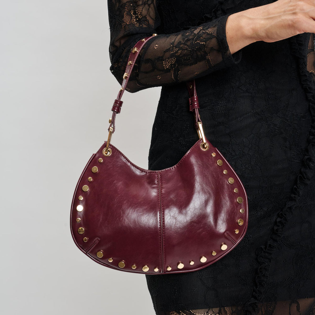 Woman wearing Wine Moda Luxe Nova Crossbody 842017139645 View 4 | Wine