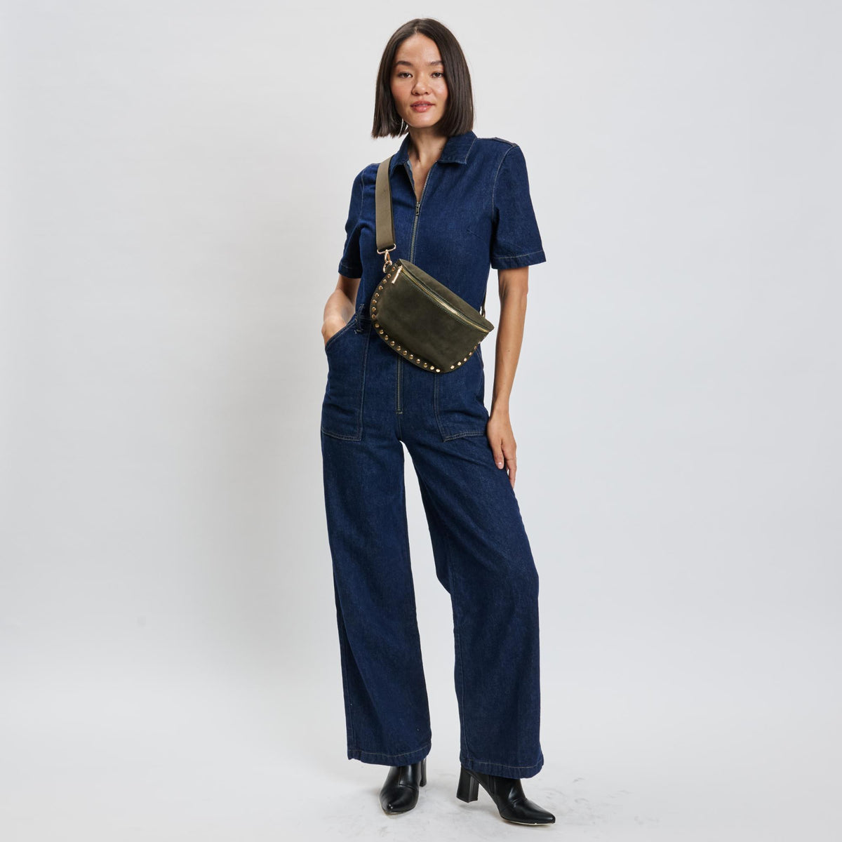 Woman wearing Olive Moda Luxe Gizelle-Suede Belt Bag 842017139690 View 3 | Olive