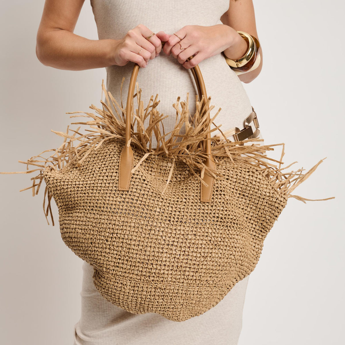 Woman wearing Natural Moda Luxe Petra Tote 842017140672 View 4 | Natural