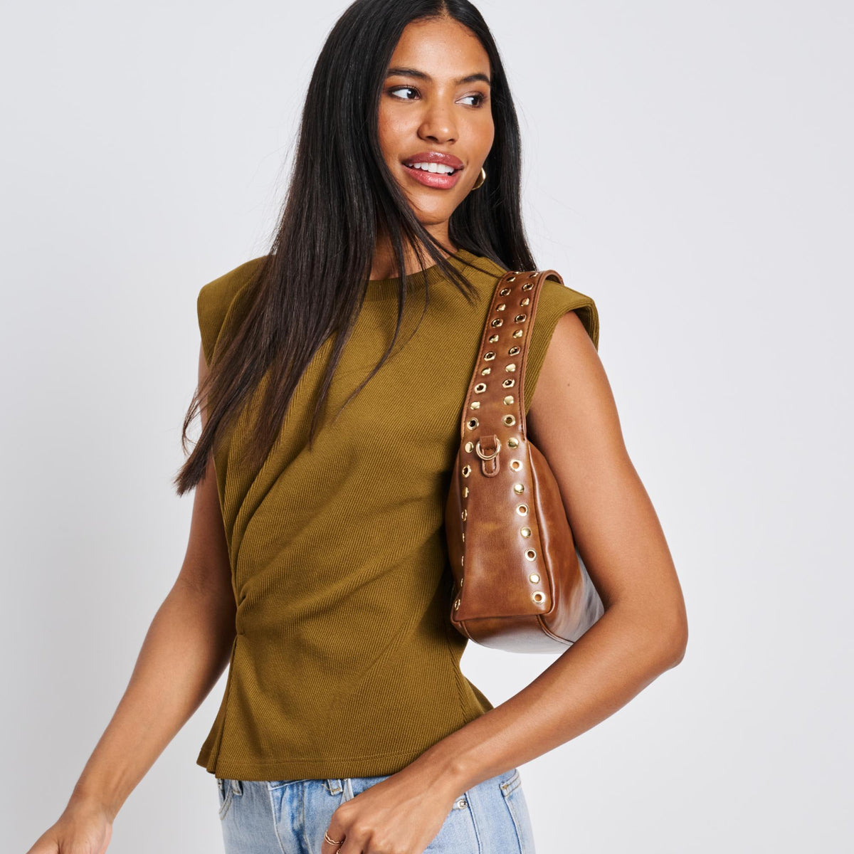 Woman wearing Cognac Sol and Selene Jane Clutch 842017136750 View 2 | Cognac