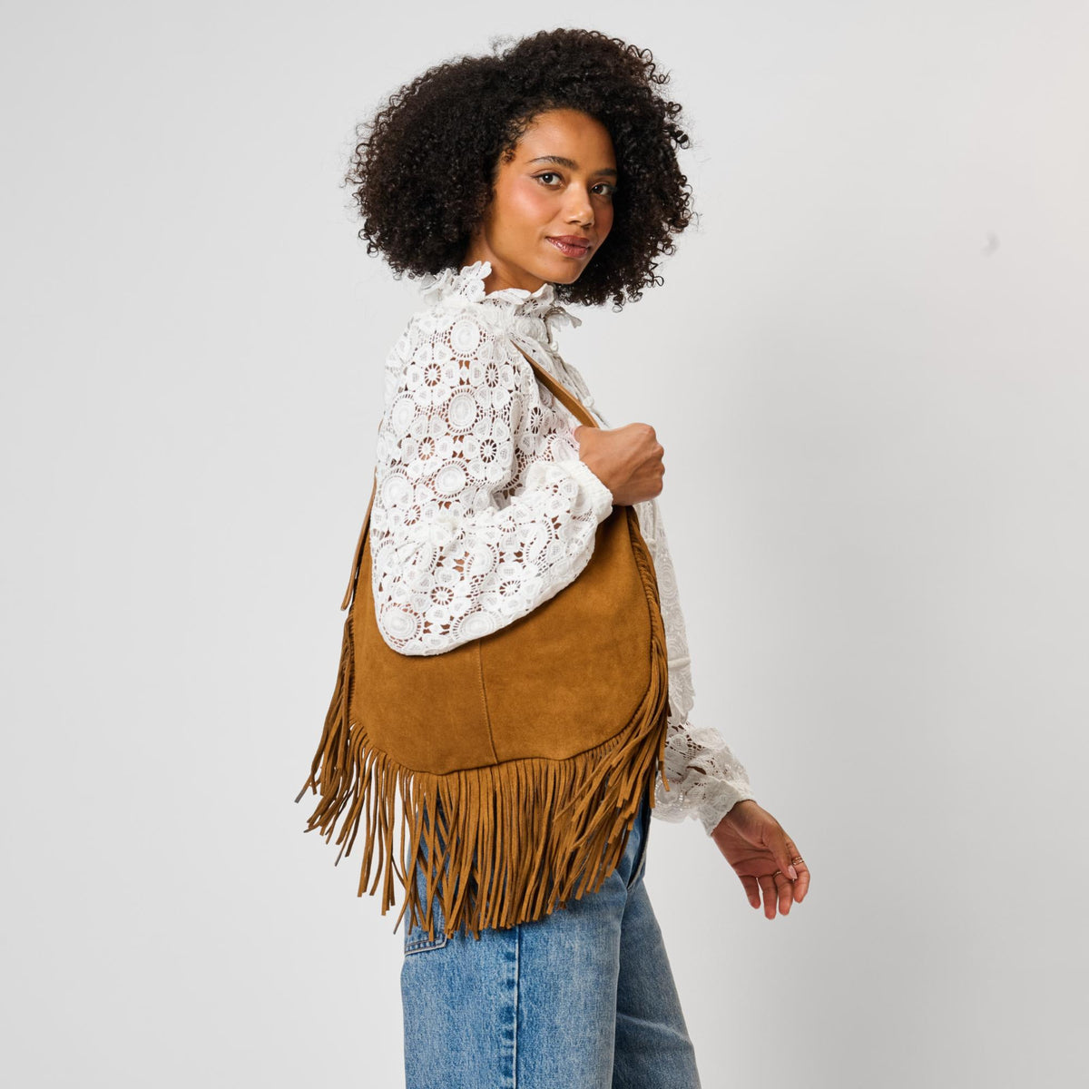 Woman wearing Caramel Moda Luxe Reba Hobo 842017142379 View 3 | Caramel