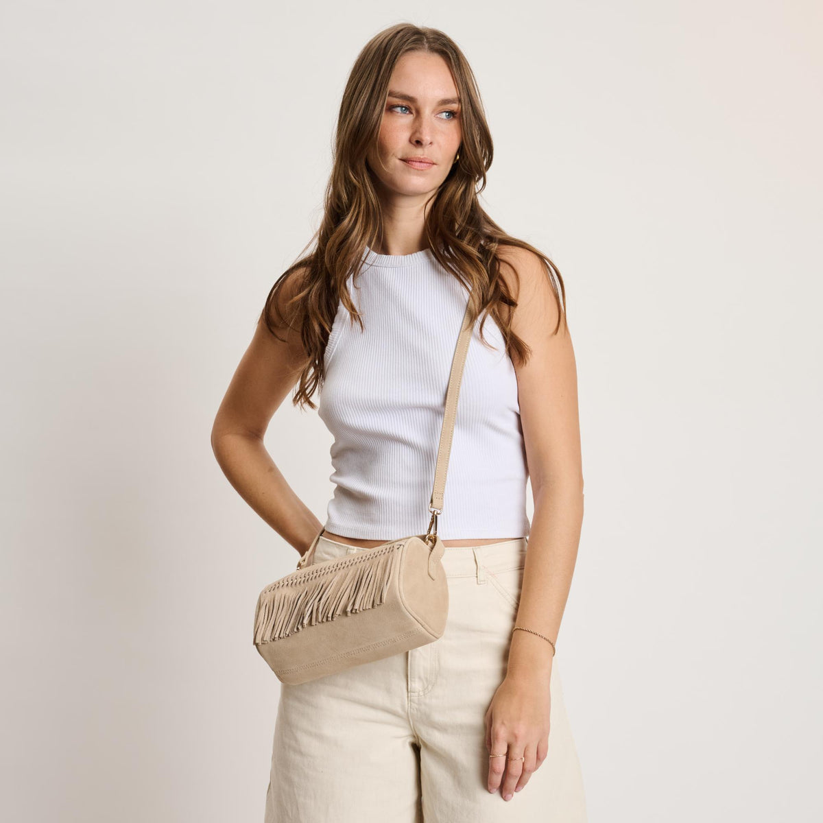 Woman wearing Natural Moda Luxe Emmi Shoulder Bag 842017140467 View 3 | Natural