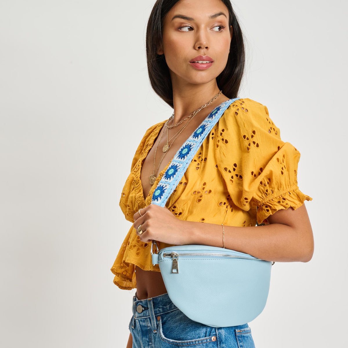 Woman wearing Blue Moda Luxe Stylette Belt Bag 842017134794 View 2 | Blue