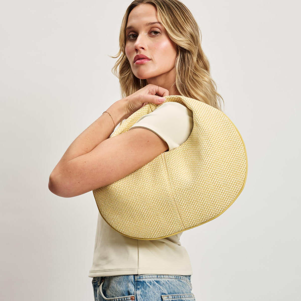 Woman wearing Yellow Moda Luxe Farrah - Straw Hobo 842017138686 View 3 | Yellow