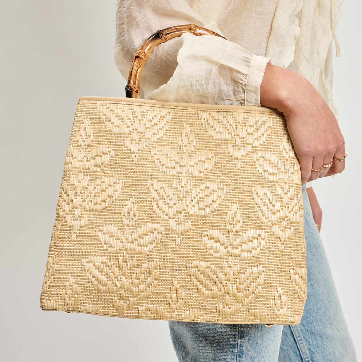Woman wearing Natural Sol and Selene Riviera Tote 842017138587 View 4 | Natural