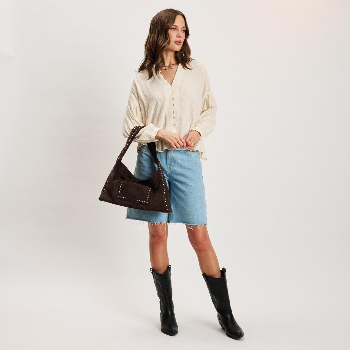 Woman wearing Chocolate Moda Luxe Dahlia Hobo 842017140665 View 4 | Chocolate