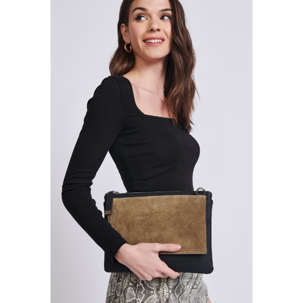 Woman wearing Taupe Moda Luxe Regan Crossbody 842017109624 View 4 | Taupe