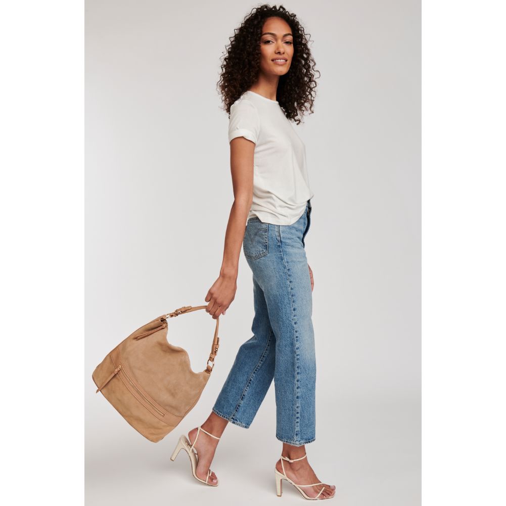 Woman wearing Natural Moda Luxe Isabella Hobo 842017122401 View 3 | Natural