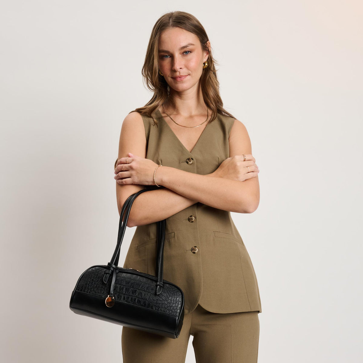 Woman wearing Black Moda Luxe Paloma - Croco Shoulder Bag 842017140399 View 3 | Black