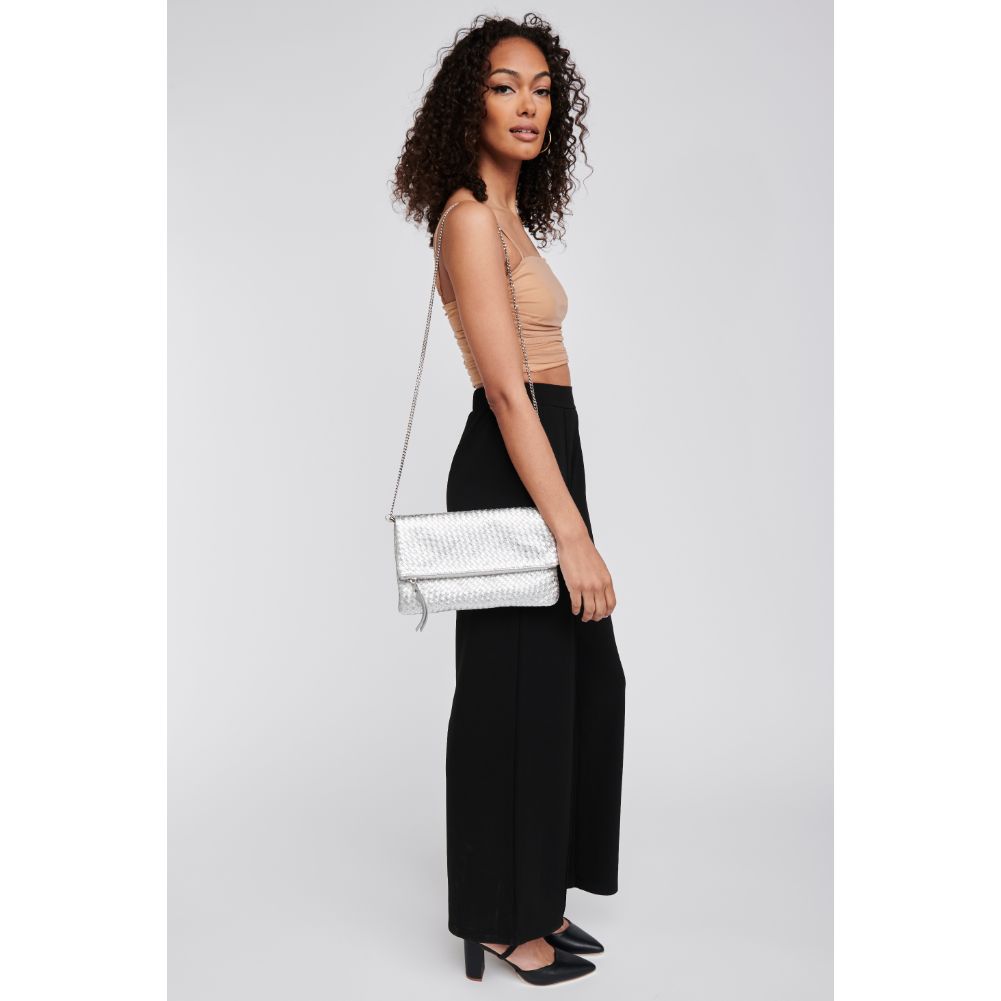Woman wearing Silver Moda Luxe Alicia Woven Clutch 842017118046 View 3 | Silver